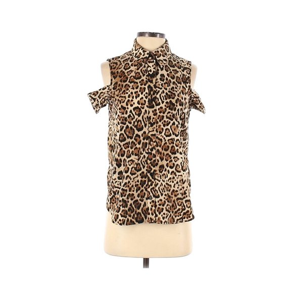 WAYF Top Brown Black Leopard Print Button Blouse Cold Shoulder - Picture 3 of 12